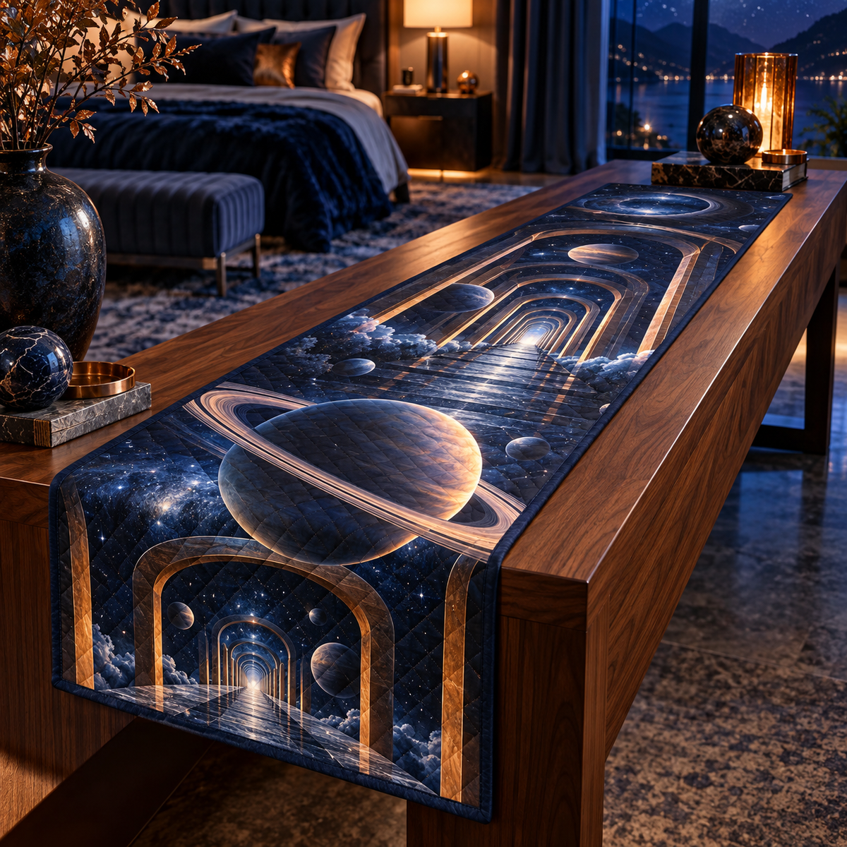 Ringed Planet Bedroom Statement Table Runner with flat printed optical 3D ringed planet celestial corridor in sapphire amber pearl ice copper and navy