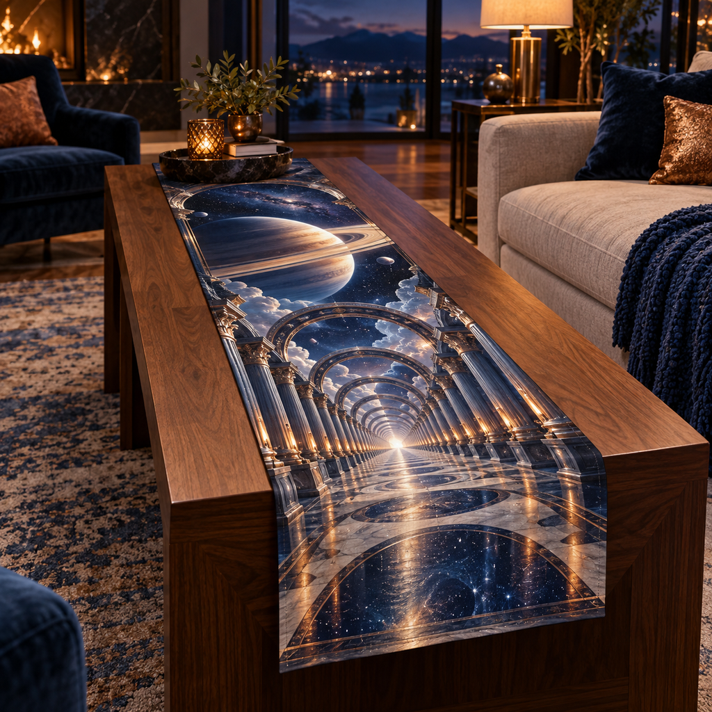 Ringed Planet Living Room Focal Point Table Runner with flat printed optical 3D ringed planet celestial colonnade in sapphire amber pearl ice copper navy and walnut