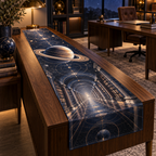 Ringed Planet Home Office Backdrop Table Runner with flat printed optical 3D ringed planet archive corridor in sapphire amber pearl ice copper navy and walnut