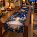 Personalized Ringed Planet Housewarming Table Runner with blank personalization area and flat printed optical 3D celestial doorway in sapphire amber pearl ice copper and navy