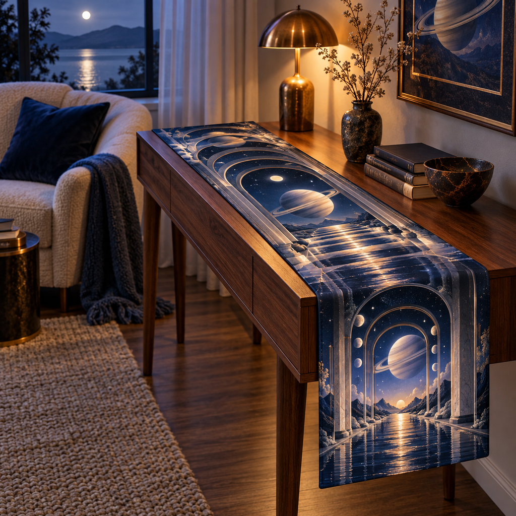 Ringed Planet Quiet Corner Decor Table Runner with flat printed optical 3D ringed planet moonlit arches in sapphire amber pearl ice copper navy and walnut