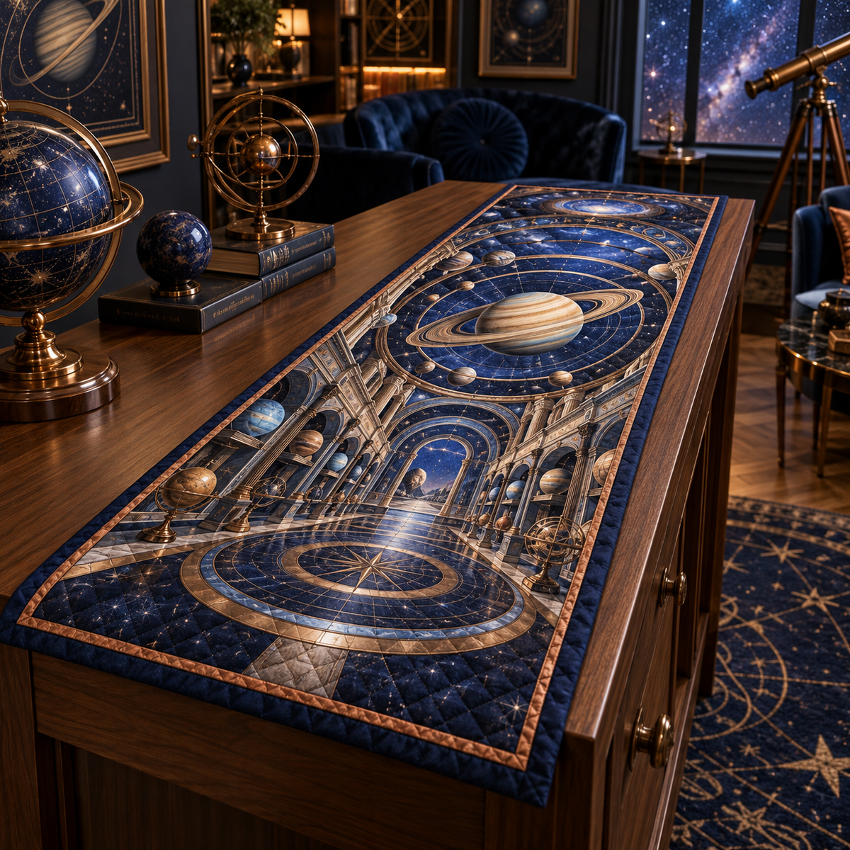 Ringed Planet Collector Birthday Keepsake Table Runner with flat printed optical 3D ringed planet orbital gallery in sapphire amber pearl ice copper navy and walnut