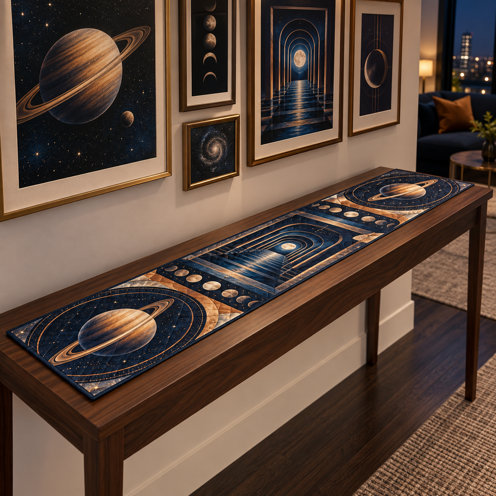 Ringed Planet Apartment Gallery Wall Table Runner with flat printed optical 3D ringed planet floating frames in sapphire amber pearl ice copper navy and walnut