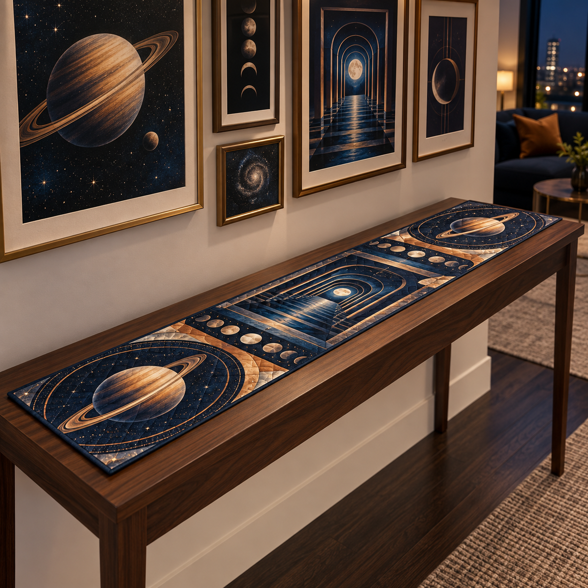 Ringed Planet Apartment Gallery Wall Table Runner with flat printed optical 3D ringed planet floating frames in sapphire amber pearl ice copper navy and walnut