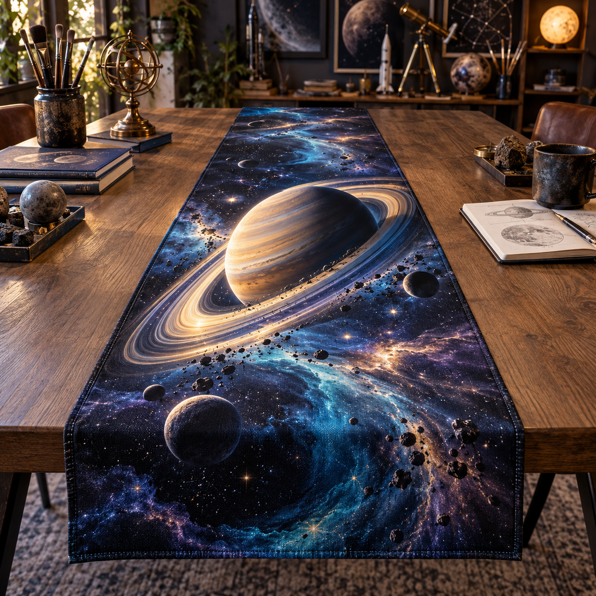 Ringed Planet Hobby Studio Identity Table Runner with flat printed optical 3D ringed planet in indigo teal violet warm gold and creative studio setting
