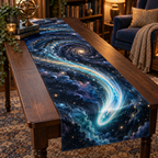 Comet Trail Reading Nook Decor Table Runner with flat printed optical 3D icy comet trail in midnight turquoise silver violet warm gold and cozy reading nook
