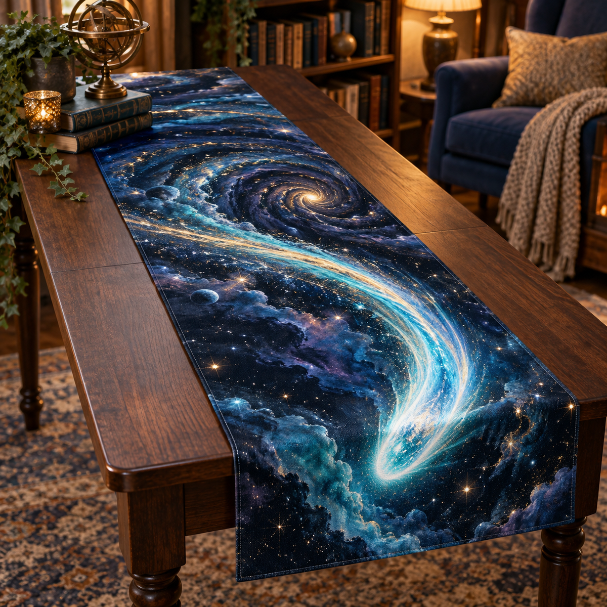 Comet Trail Reading Nook Decor Table Runner with flat printed optical 3D icy comet trail in midnight turquoise silver violet warm gold and cozy reading nook