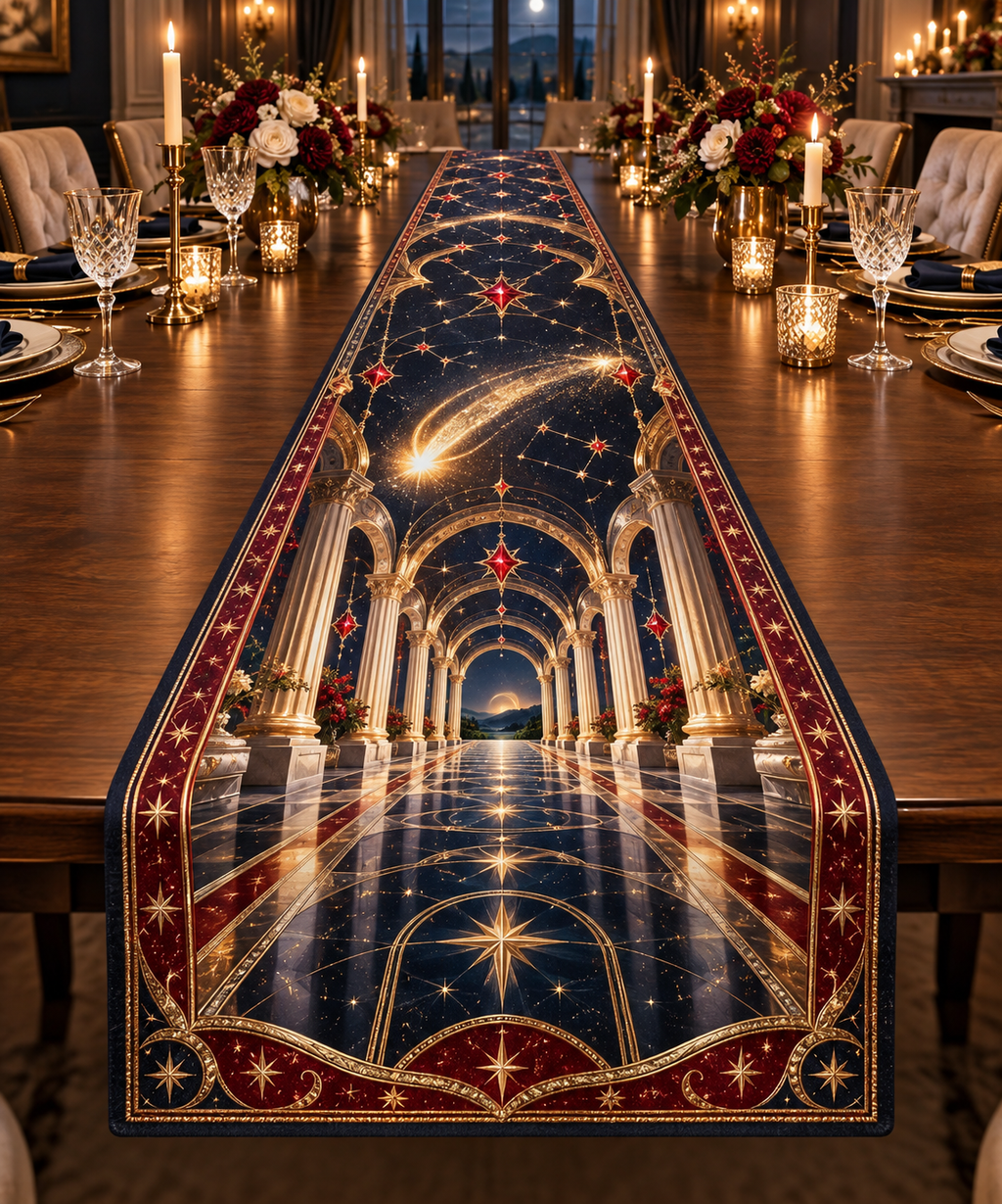 Comet Trail Host Thank You Gift Table Runner with flat printed optical 3D champagne comet in midnight blue garnet red champagne gold pearl white and welcoming hospitality setting