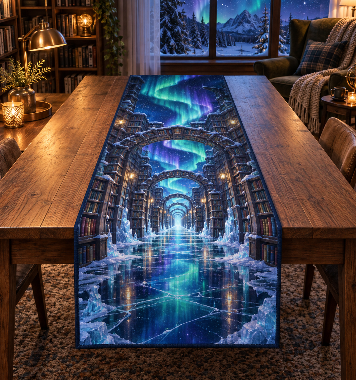Northern Lights Reading Nook Decor Table Runner with flat printed optical 3D aurora library in midnight indigo emerald cyan violet icy white and a cozy reading nook