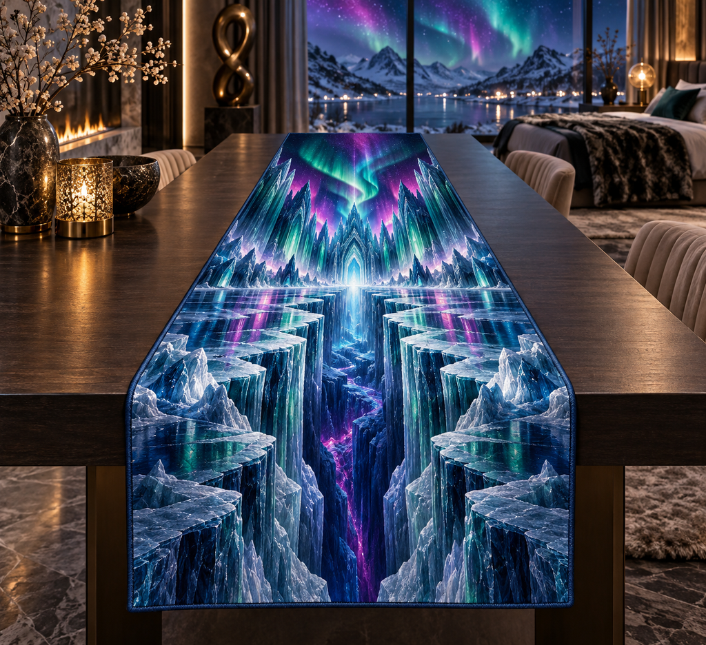 Northern Lights Bedroom Statement Decor Table Runner with flat printed optical 3D aurora glacier cathedral in midnight black blue neon emerald magenta cobalt icy silver and a luxury bedroom