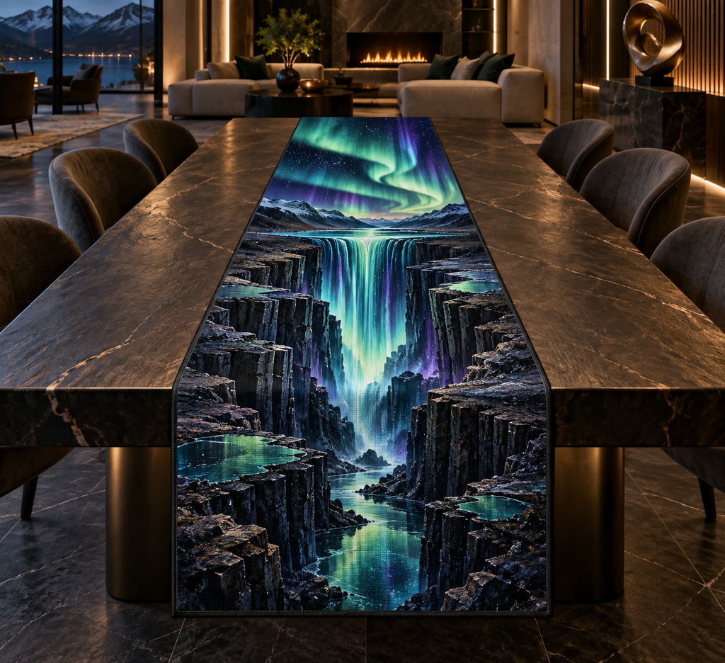 Northern Lights Living Room Focal Point Table Runner with flat printed optical 3D aurora waterfall canyon in obsidian emerald turquoise electric violet icy white and a modern living room