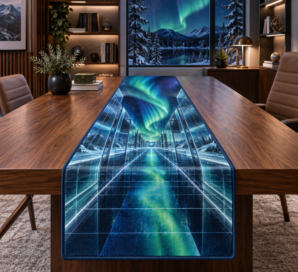 Northern Lights Home Office Backdrop Table Runner with flat printed optical 3D aurora glass corridor in deep navy emerald cobalt aqua frosted white and a polished home office