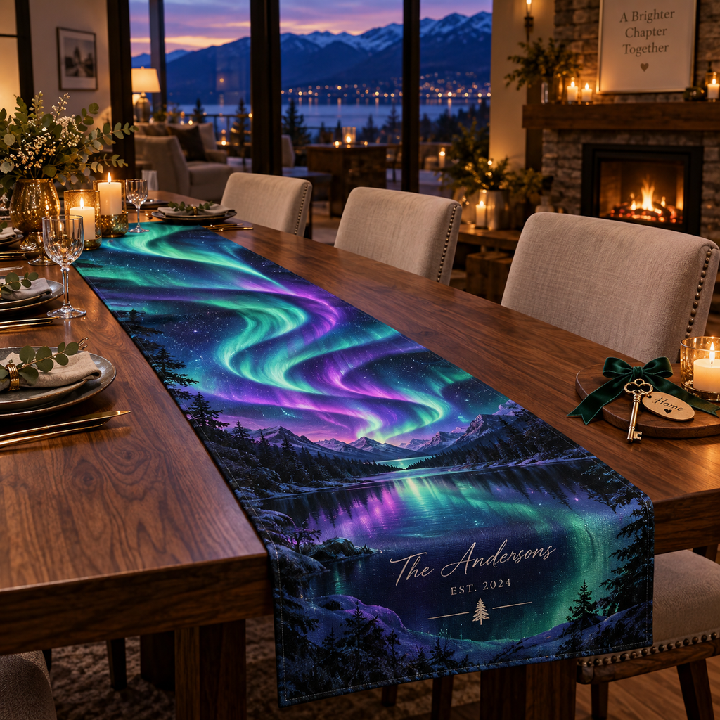 Northern Lights Personalized Housewarming Table Runner with personalized family name and flat printed optical 3D aurora portal artwork in emerald cyan violet and midnight blue