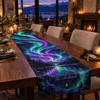 Northern Lights Personalized Housewarming Table Runner with personalized family name and flat printed optical 3D aurora portal artwork in emerald cyan violet and midnight blue