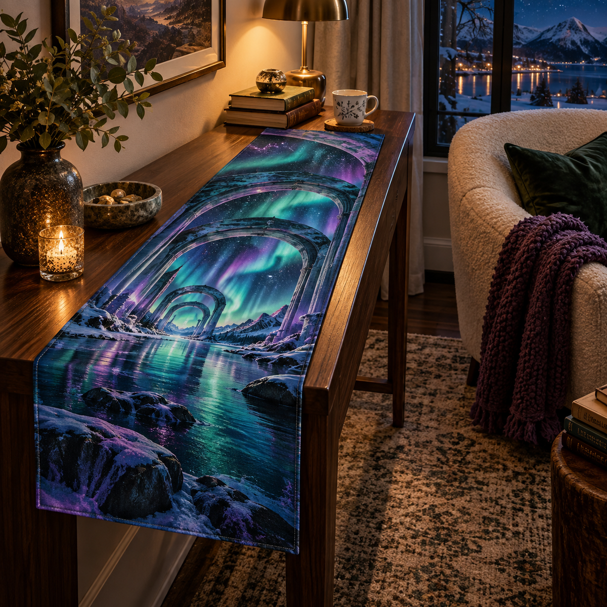 Northern Lights Quiet Corner Table Runner with flat printed optical 3D aurora ice portal in emerald cyan violet midnight blue and a serene reading nook