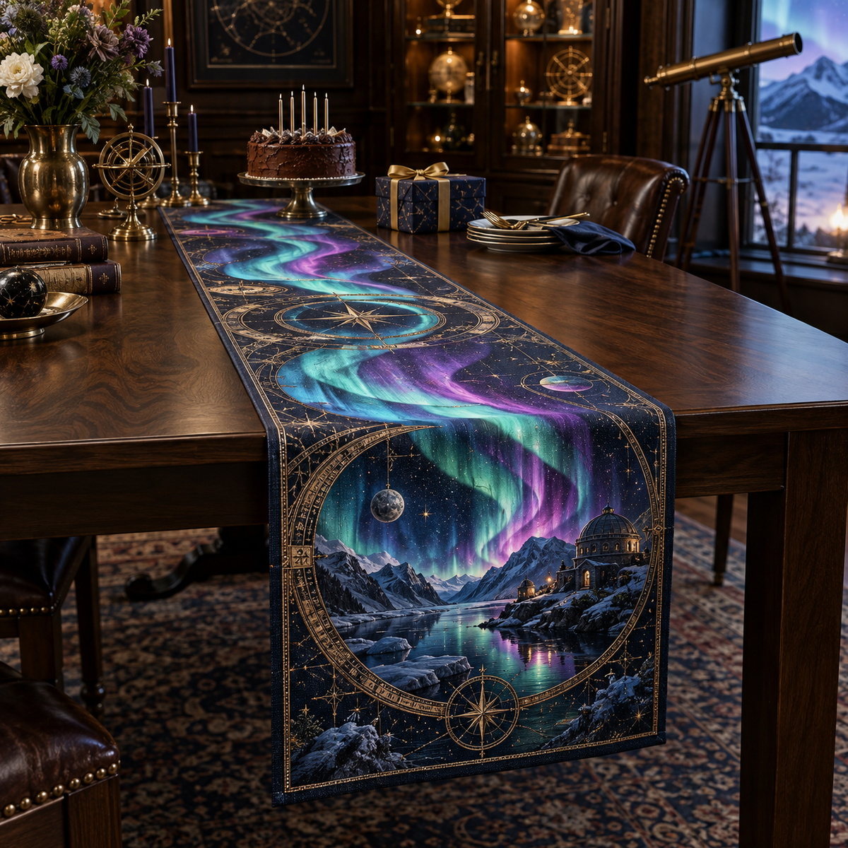 Northern Lights Collector Birthday Table Runner with flat printed optical 3D aurora observatory and antique celestial rings in emerald cyan violet navy and gold