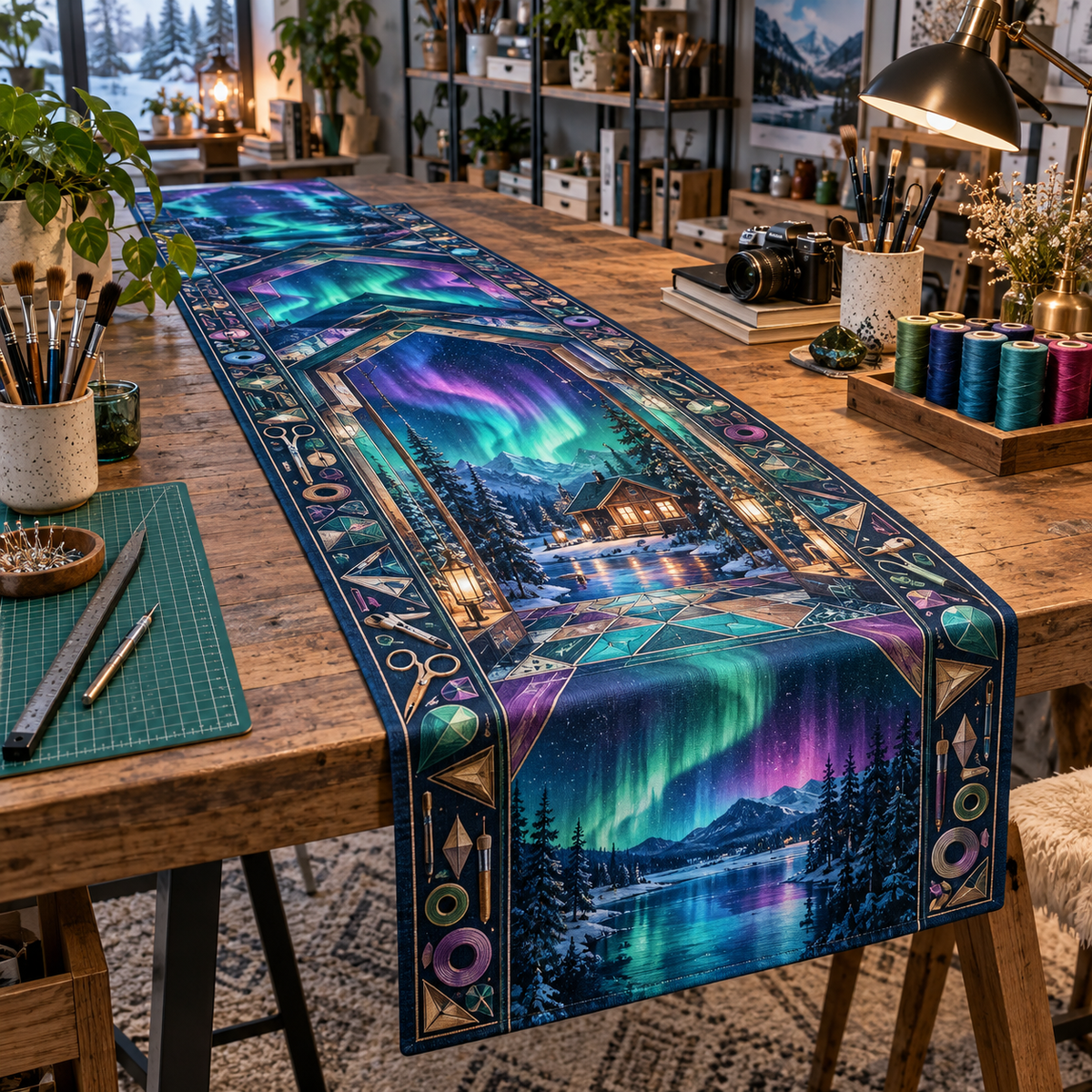 Northern Lights Hobby Studio Table Runner with flat printed optical 3D aurora creative studio portals in emerald cyan violet navy and maker tool motifs