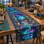 Northern Lights Hobby Studio Table Runner with flat printed optical 3D aurora creative studio portals in emerald cyan violet navy and maker tool motifs
