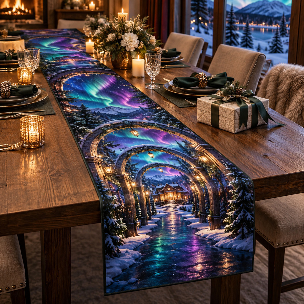Northern Lights Host Thank You Table Runner with flat printed optical 3D aurora welcoming arches in emerald cyan violet midnight blue and warm lodge light