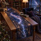 Milky Way Arch Reading Nook Table Runner with flat printed optical 3D Milky Way gothic library arches in midnight navy indigo amethyst icy blue and warm starlight
