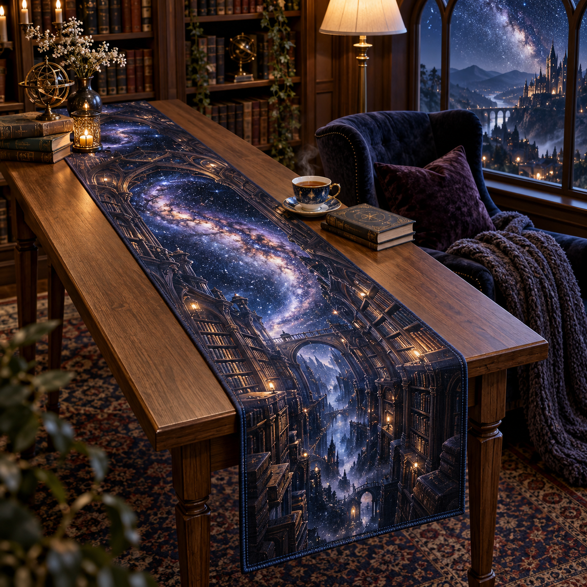Milky Way Arch Reading Nook Table Runner with flat printed optical 3D Milky Way gothic library arches in midnight navy indigo amethyst icy blue and warm starlight