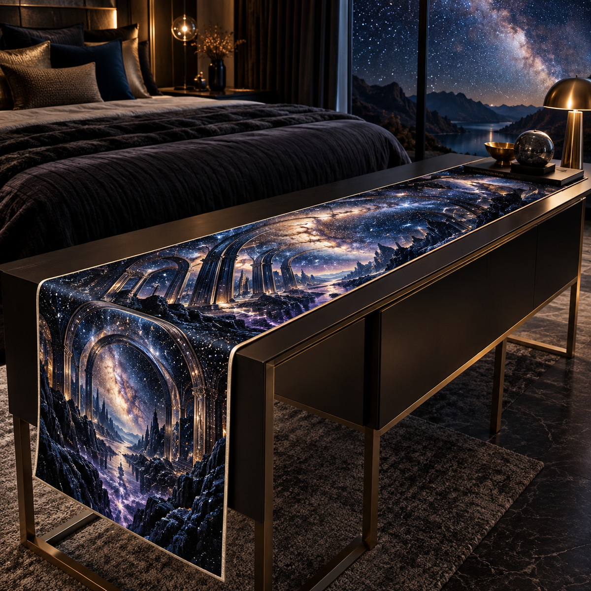 Milky Way Arch Bedroom Statement Table Runner with flat printed optical 3D Milky Way mirrored arches and cosmic canyon in obsidian navy indigo amethyst silver and warm gold