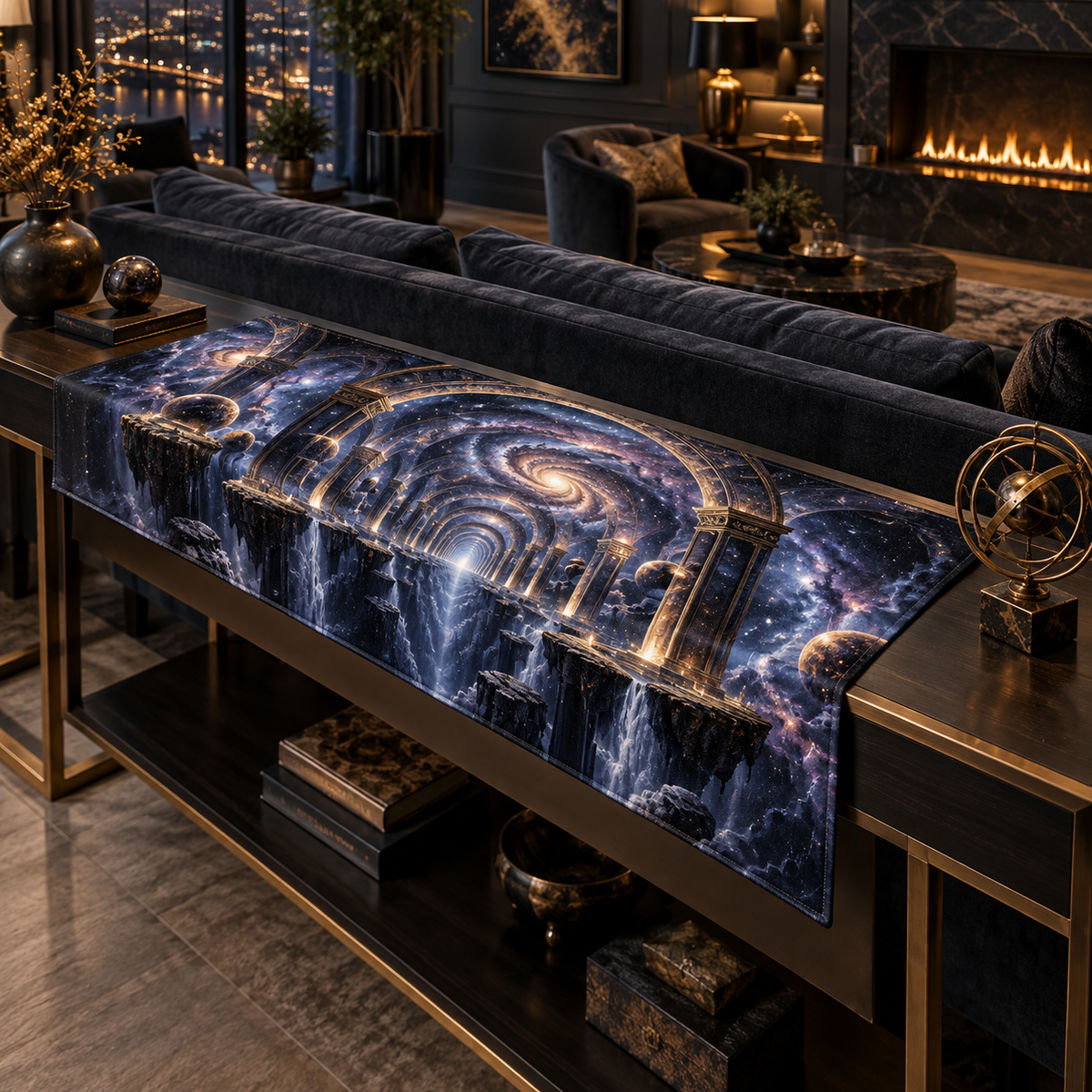Milky Way Arch Living Room Focal Point Table Runner with flat printed optical 3D Milky Way mirrored arches and cosmic canyon in obsidian navy indigo amethyst silver and warm gold