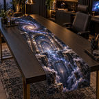 Milky Way Arch Home Office Table Runner with flat printed optical 3D Milky Way mirrored arches and cosmic canyon in obsidian navy indigo amethyst silver and warm gold