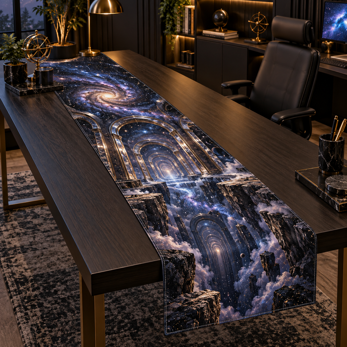 Milky Way Arch Home Office Table Runner with flat printed optical 3D Milky Way mirrored arches and cosmic canyon in obsidian navy indigo amethyst silver and warm gold