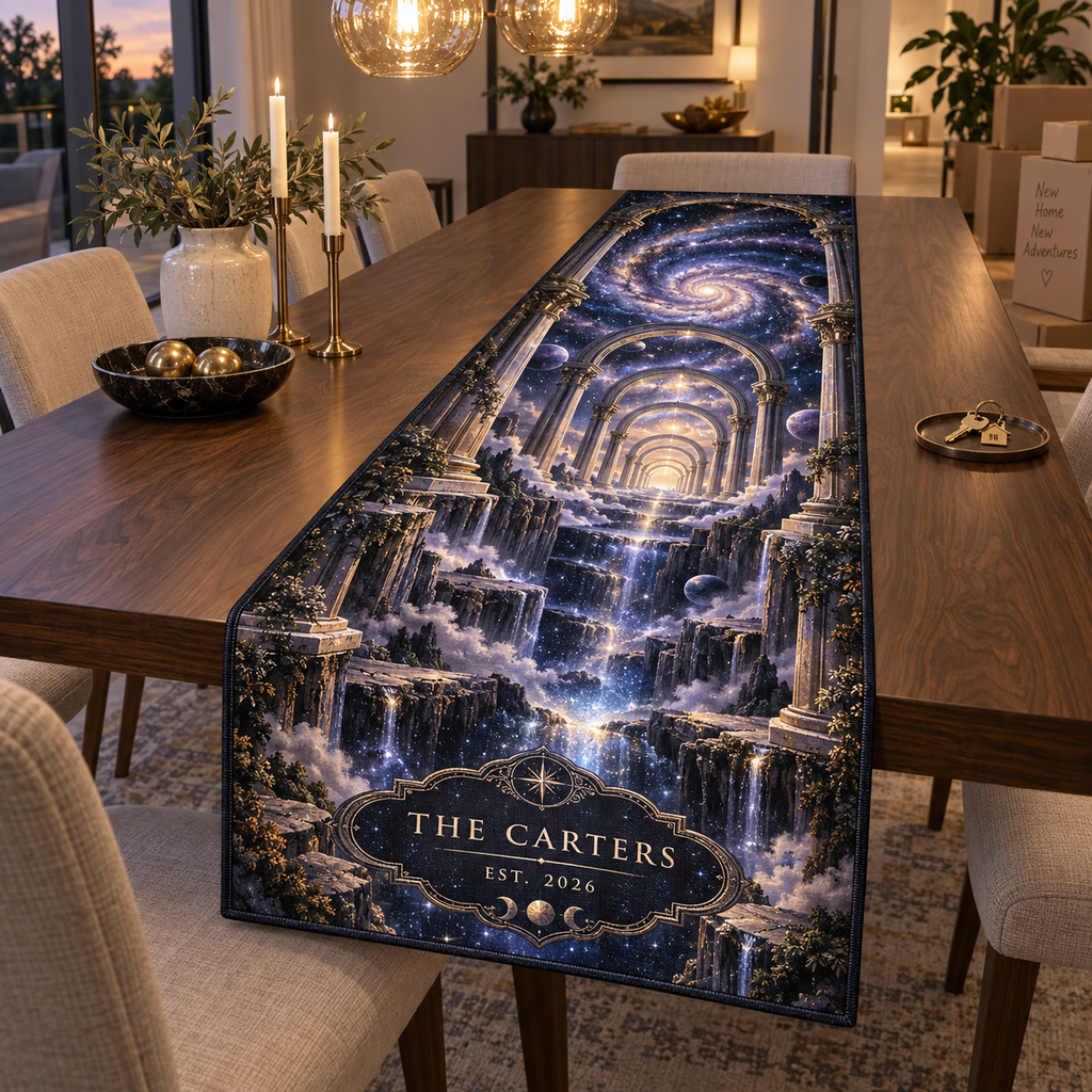 Milky Way Arch Personalized Housewarming Table Runner personalized with sample family name, flat printed optical 3D Milky Way mirrored arches and cosmic canyon