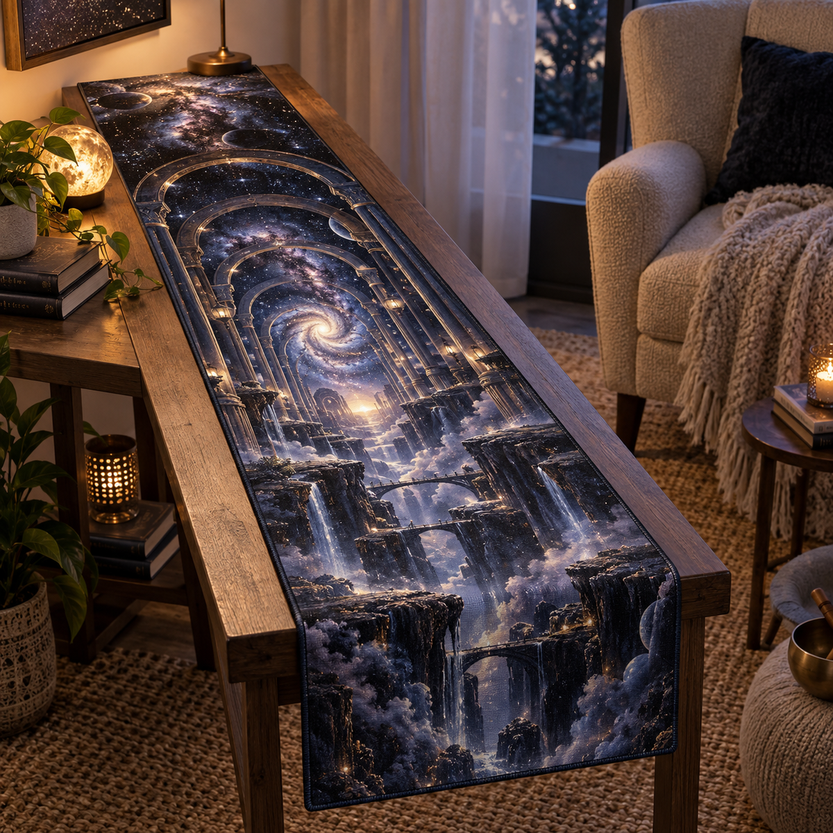 Milky Way Arch Quiet Corner Table Runner with flat printed optical 3D Milky Way mirrored arches and cosmic canyon in obsidian navy indigo amethyst silver and warm gold