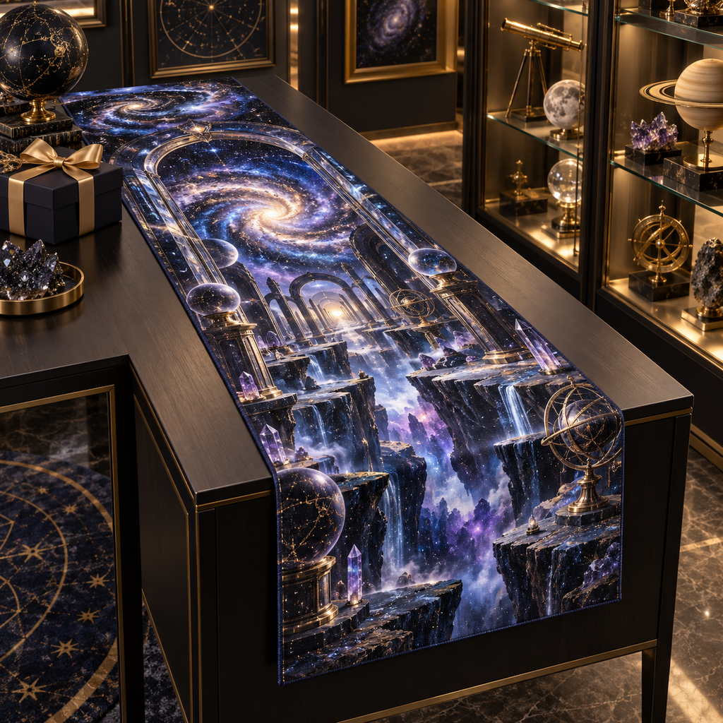 Milky Way Arch Collector Birthday Table Runner with flat printed optical 3D Milky Way mirrored arches and cosmic canyon in obsidian navy indigo amethyst silver and warm gold
