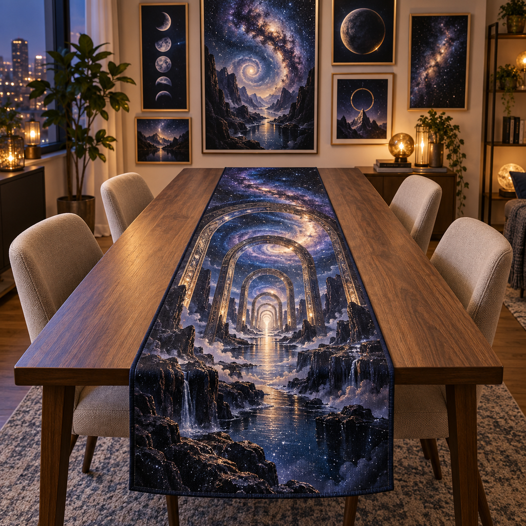 Milky Way Arch Apartment Gallery Table Runner with flat printed optical 3D Milky Way mirrored arches and cosmic canyon in midnight navy indigo amethyst silver and gold