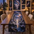 Milky Way Arch Apartment Gallery Table Runner with flat printed optical 3D Milky Way mirrored arches and cosmic canyon in midnight navy indigo amethyst silver and gold