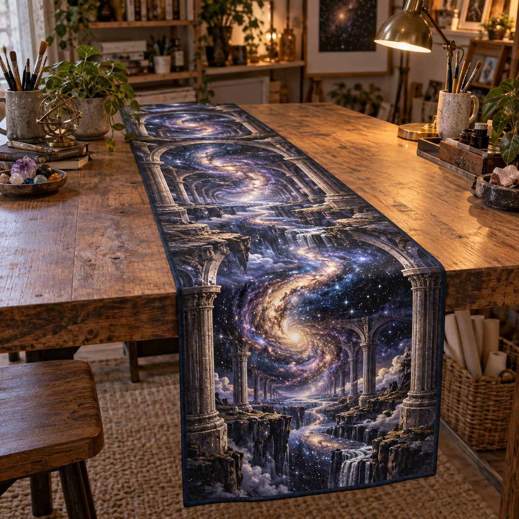 Milky Way Arch Hobby Studio Table Runner with flat printed optical 3D Milky Way mirrored arches and cosmic canyon in midnight navy indigo amethyst silver and gold