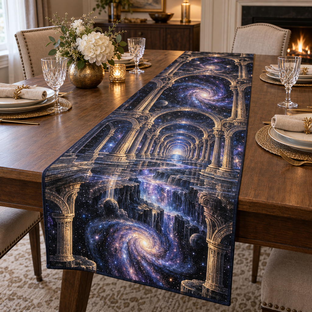 Milky Way Arch Host Thank You Table Runner with flat printed optical 3D Milky Way mirrored arches and cosmic canyon in midnight navy indigo amethyst silver and gold