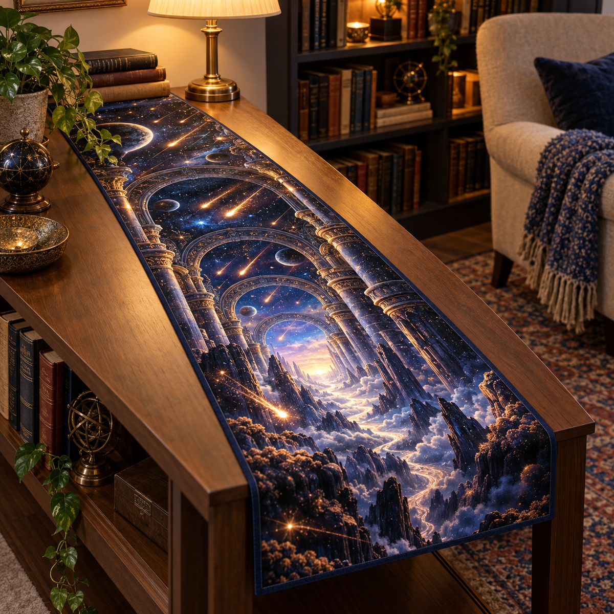 Meteor Shower Reading Nook Table Runner with flat printed optical 3D meteor shower through celestial arches into a star canyon in midnight navy violet copper and gold