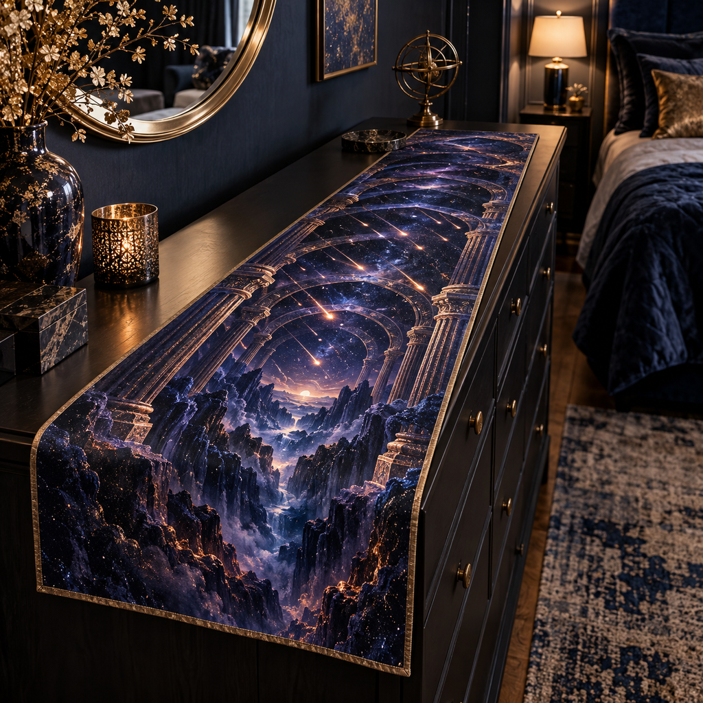 Meteor Shower Bedroom Statement Table Runner with flat printed optical 3D meteor shower through celestial arches into a star canyon in midnight navy violet copper and gold