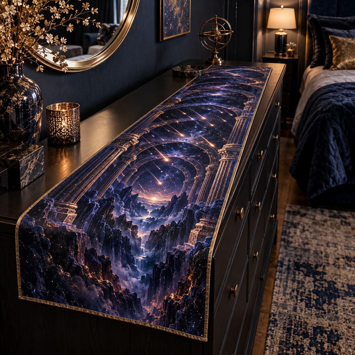 Meteor Shower Bedroom Statement Table Runner with flat printed optical 3D meteor shower through celestial arches into a star canyon in midnight navy violet copper and gold