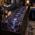 Meteor Shower Bedroom Statement Table Runner with flat printed optical 3D meteor shower through celestial arches into a star canyon in midnight navy violet copper and gold