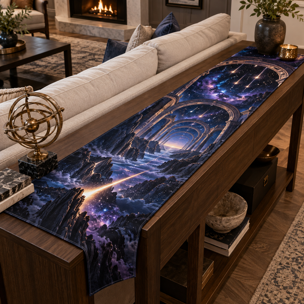Meteor Shower Living Room Focal Table Runner with flat printed optical 3D meteor shower through celestial arches into a star canyon in midnight navy violet copper and gold