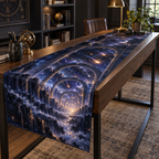 Meteor Shower Home Office Table Runner with flat printed optical 3D meteor shower through celestial arches into a star canyon in midnight navy violet copper and gold