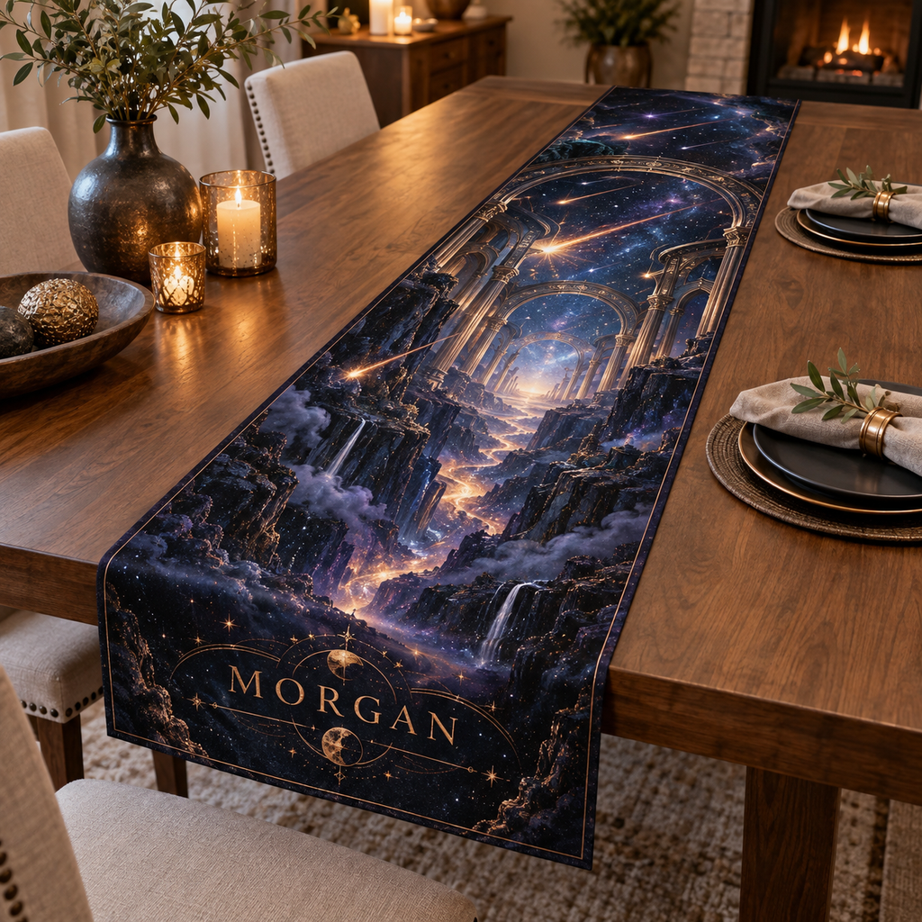 Meteor Shower Personalized Housewarming Table Runner personalized with sample family name, flat printed optical 3D meteor shower through celestial arches and star canyon