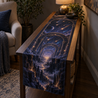 Meteor Shower Quiet Corner Table Runner with flat printed optical 3D meteor shower through celestial arches into a star canyon in midnight navy violet copper and gold