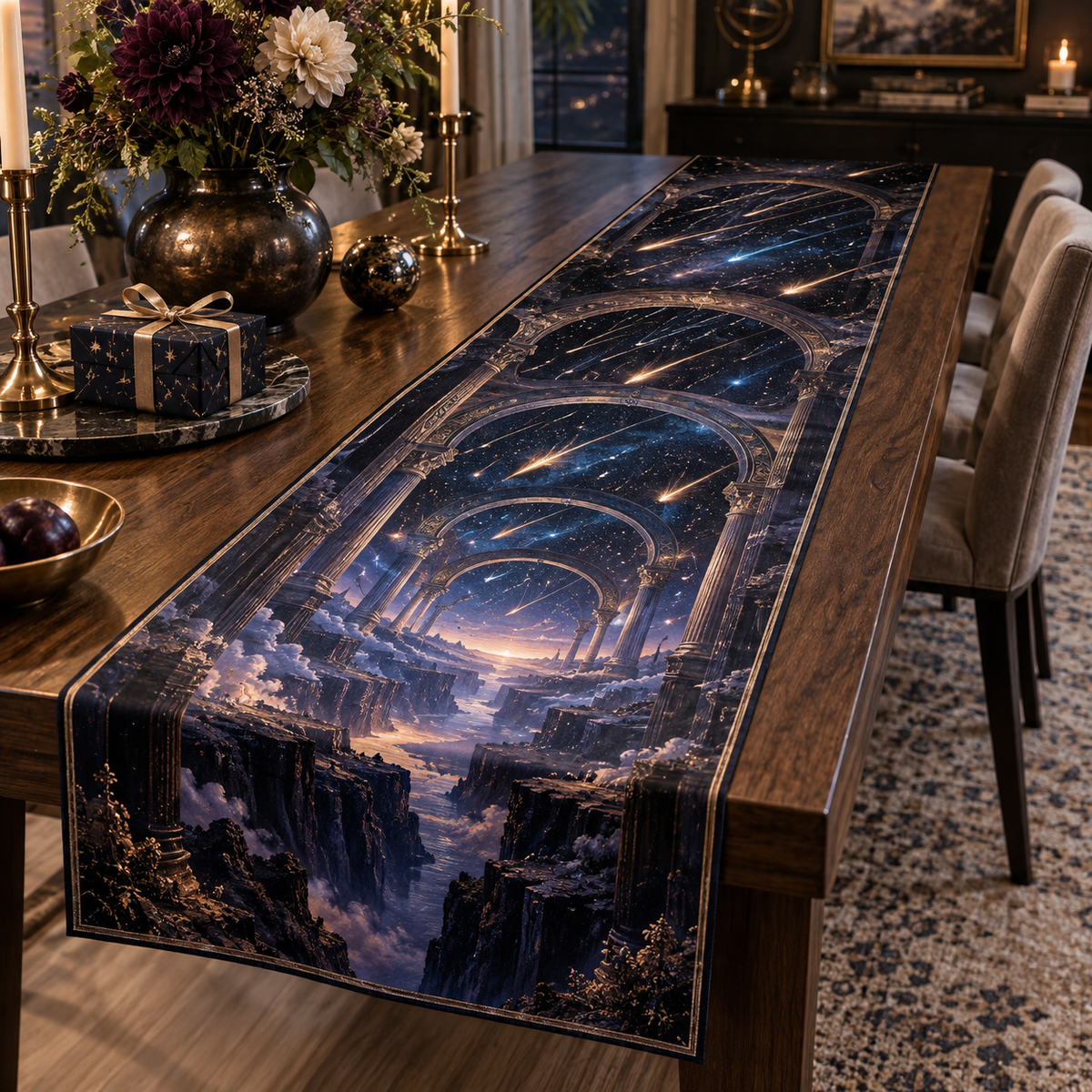 Meteor Shower Collector Birthday Table Runner with flat printed optical 3D meteor shower through celestial arches into a star canyon in midnight navy violet copper and gold