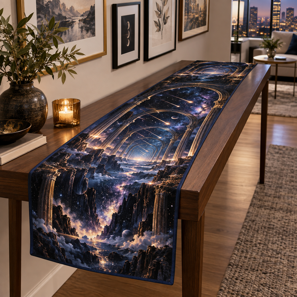 Meteor Shower Apartment Gallery Table Runner with flat printed optical 3D meteor shower through celestial arches into a star canyon in midnight navy violet copper and gold