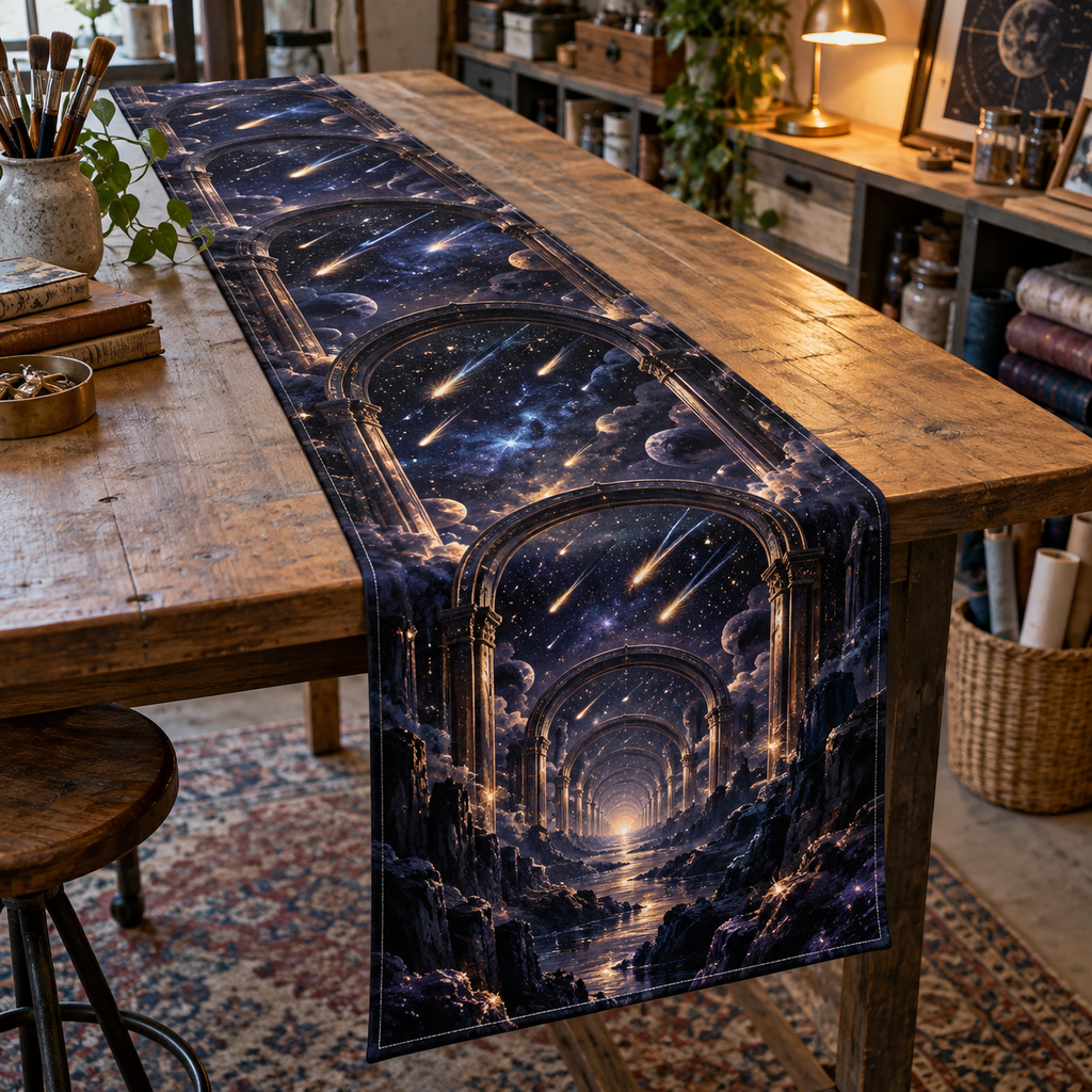 Meteor Shower Hobby Studio Table Runner with flat printed optical 3D meteor shower through celestial arches into a star canyon in midnight navy violet copper and gold