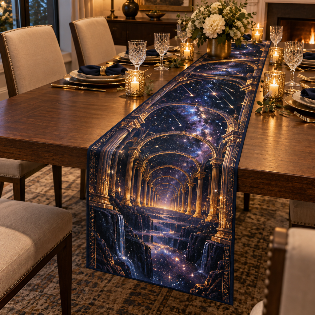 Meteor Shower Host Thank You Table Runner with flat printed optical 3D meteor shower through celestial arches into a star canyon in midnight navy violet copper and gold