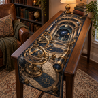 Astronomical Instruments Reading Nook Table Runner with flat printed optical 3D armillary spheres astrolabes and telescope optics through observatory arches in aged brass navy parchment and teal