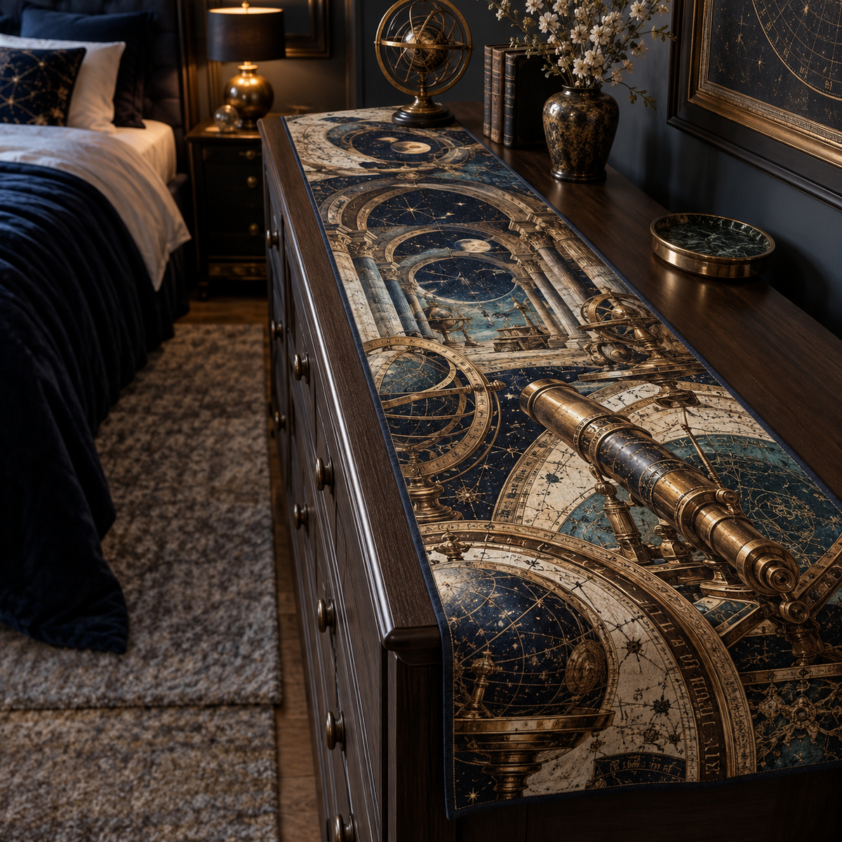 Astronomical Instruments Bedroom Statement Table Runner with flat printed optical 3D armillary spheres astrolabes and telescope optics through observatory arches in aged brass navy parchment and teal